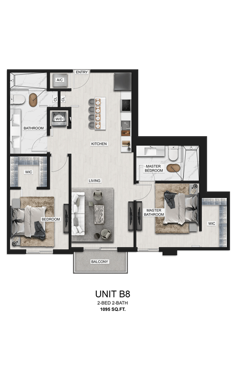 Floor plan for 2 beds, 2 baths, 1095 sqft